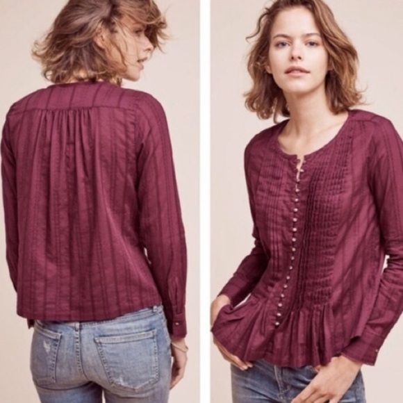 Anthropologie Maeve Burgandy Button Up Shirt Size Small - Picture 1 of 12